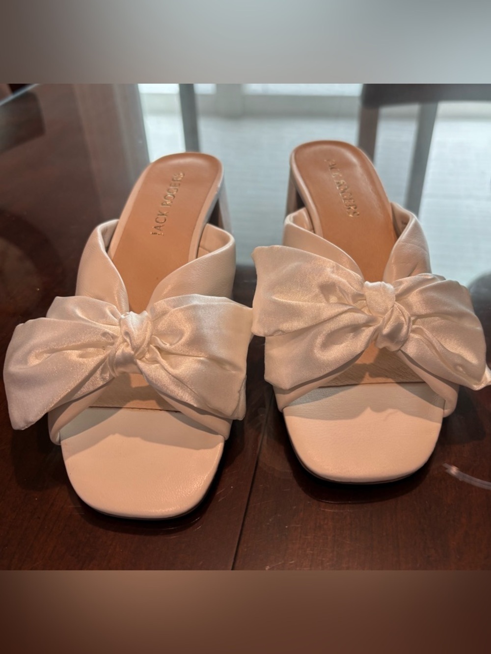 Jack Rogers White Satin Bow Slide Mules